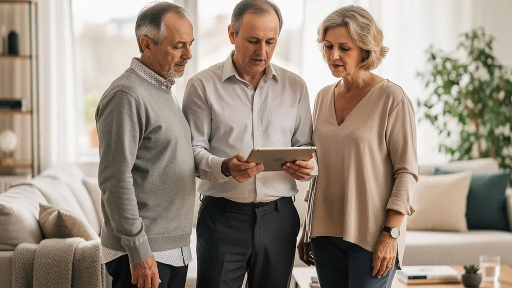 Couple français en discussion avec agent immobilier dans salon lumineux pour évaluer agence