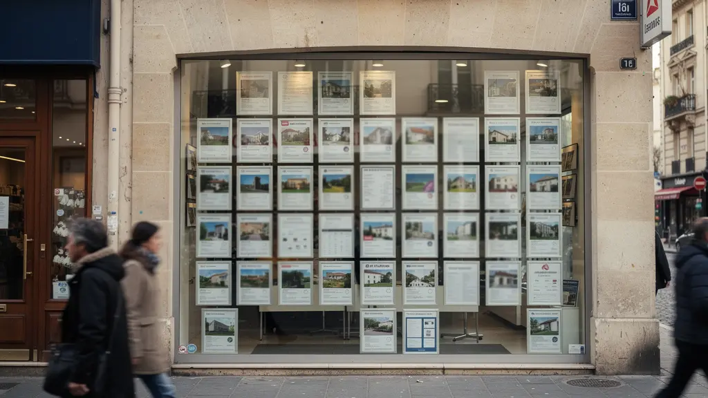 Façade agence immobilière française avec vitrines annonces rue commerçante